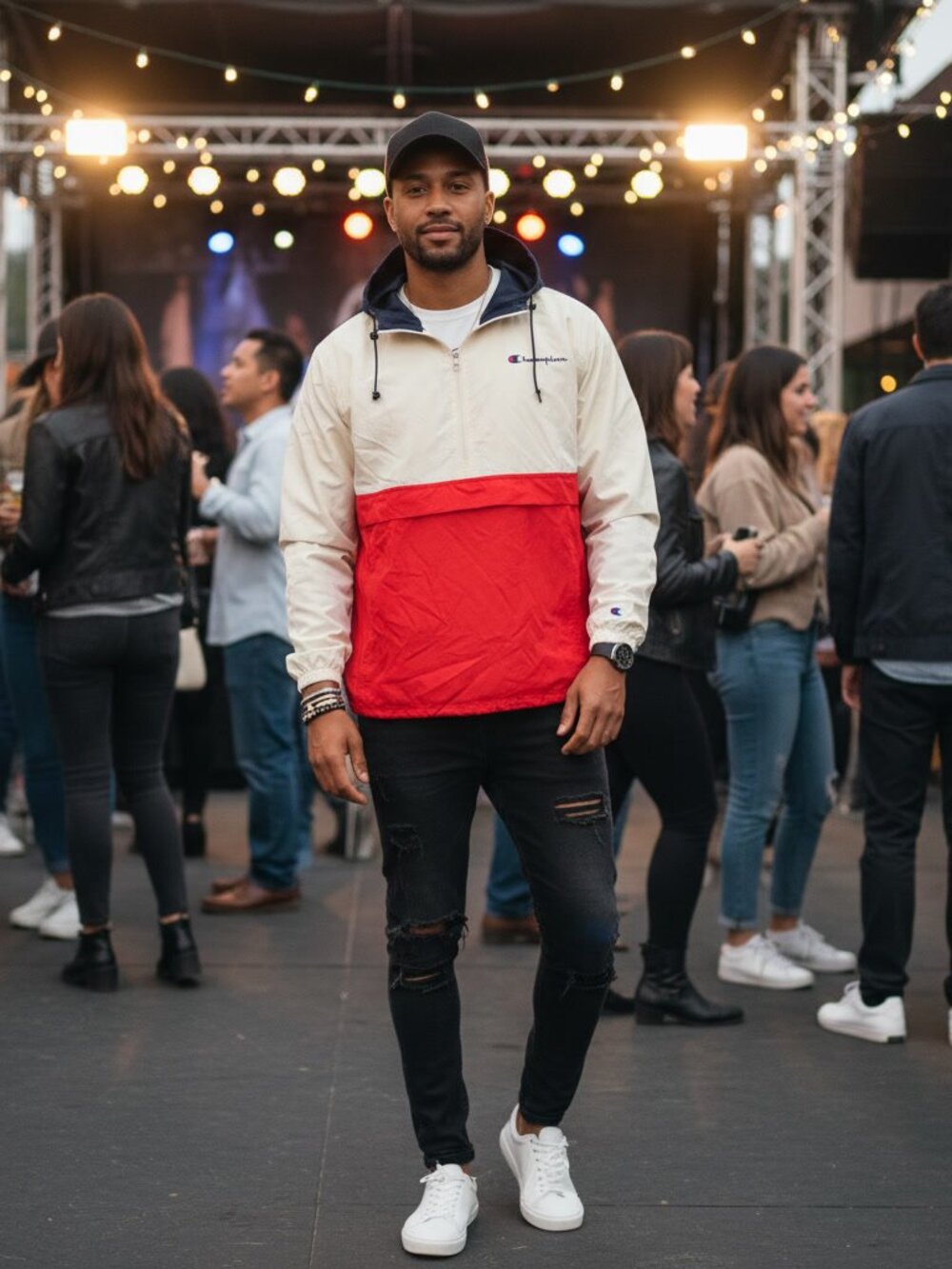 Champion Half Zip Windbreaker White Red Navy Colorblock L